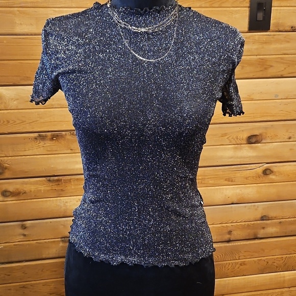 None Tops - Sheer Glitter Black Fitted Stretchy Top XS Shimmer Whimsigoth